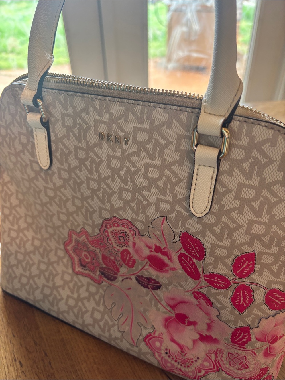 DKNY Cream Satchel with Pink Floral Accents - Picture 2 of 6